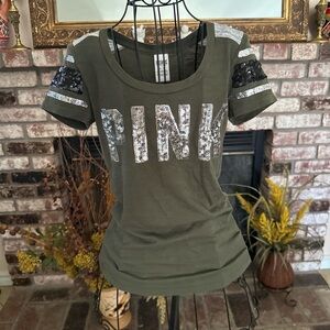 PINK Olive Green Silver Sequined Short Sleeve T-shirt Sz XS